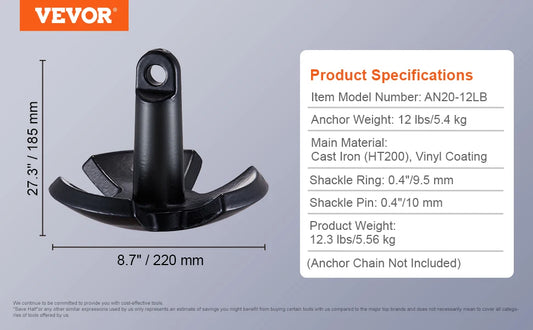 River Anchor - 12 LBS Cast Iron Black Vinyl-Coated Mushroom Anchor with Shackle